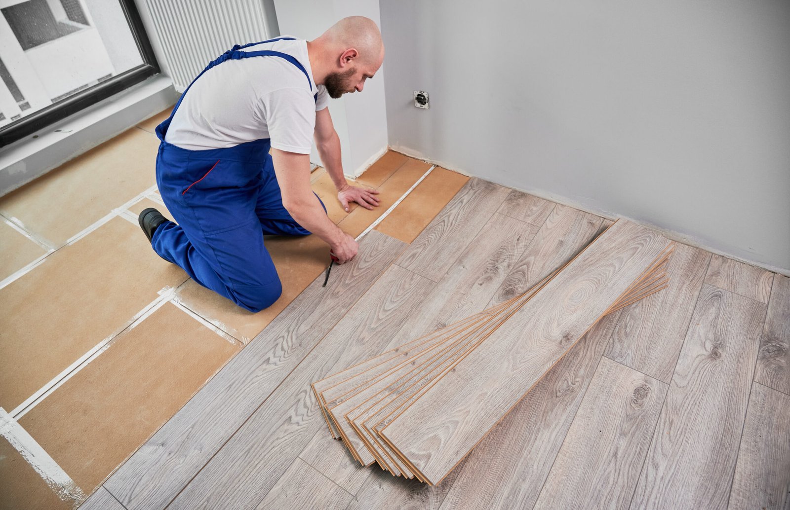Male construction worker using tape measure while installing laminate flooring in apartment under renovation. Man in workwear measuring distance from wall to laminate board with measuring tape ruler.